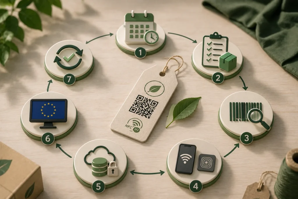 Illustration du processus de création d’un passeport numérique de produit (DPP) avec QR code, NFC, identifiant unique et gestion des données produit.