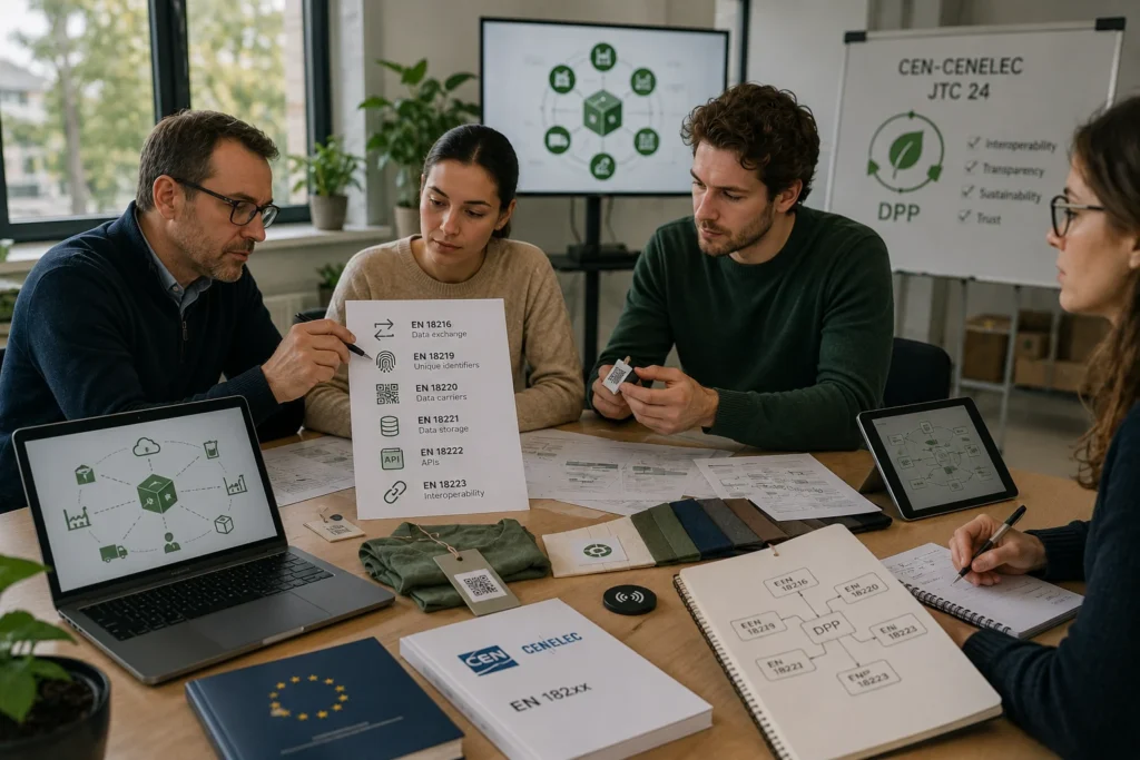 Experts techniques travaillant sur les normes européennes garantissant l’interopérabilité du DPP.