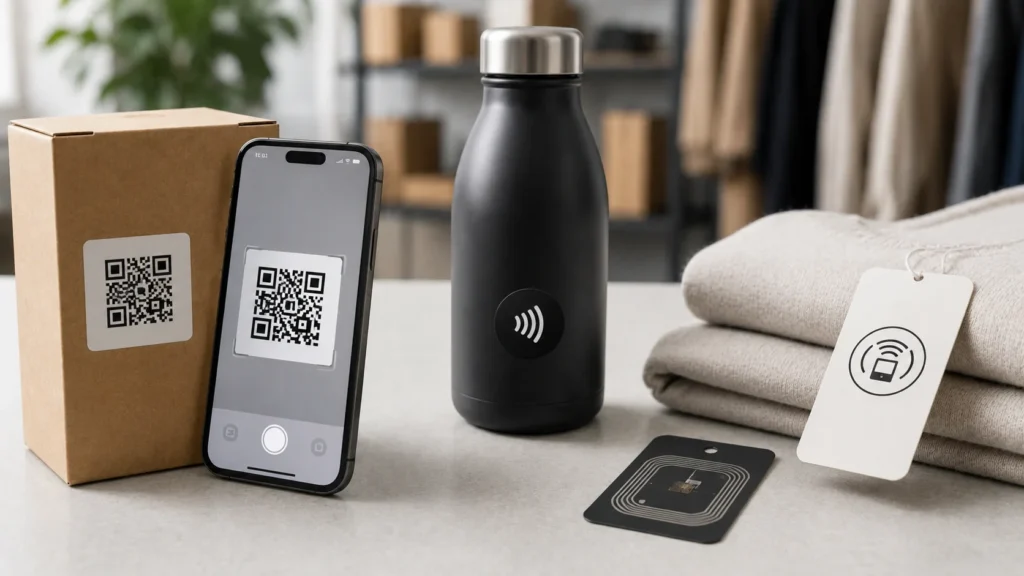 QR code, puce NFC et technologie RFID utilisés pour l’identification et la traçabilité des produits dans un DPP.