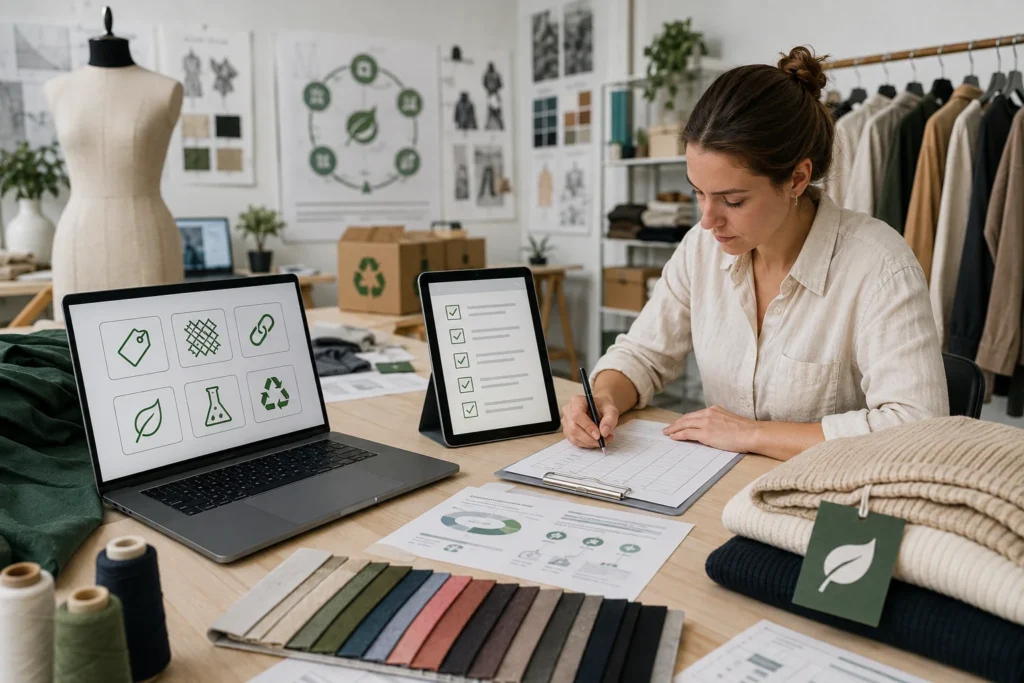 Professionnelle du textile préparant les données requises pour un passeport numérique de produit textile.