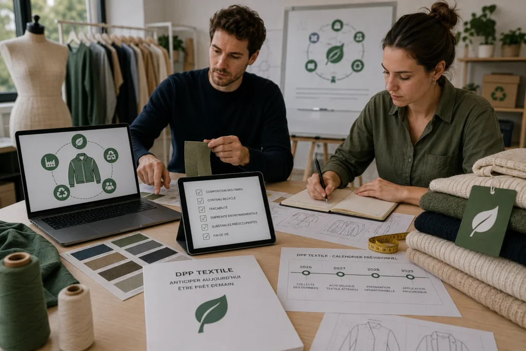 Marque textile préparant la mise en œuvre du passeport numérique de produit et la collecte des données de traçabilité.