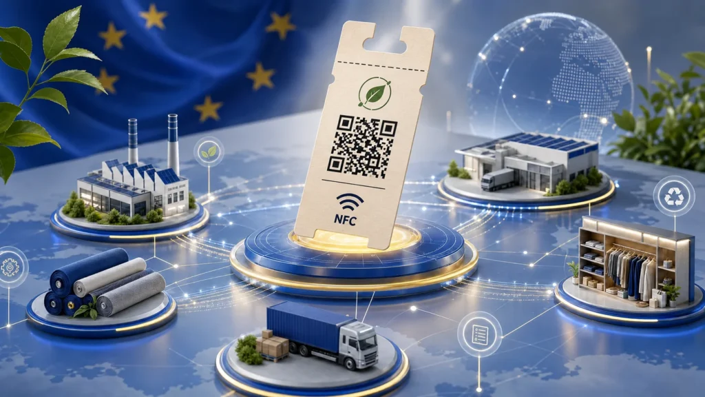 Étiquette numérique intelligente intégrant QR code et NFC pour le passeport numérique de produit européen, par dpp.ma de atlas nextrade