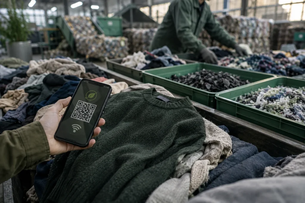 Travailleur du recyclage textile utilisant un smartphone pour consulter les données d’un passeport numérique de produit lors du tri et du recyclage des vêtements.