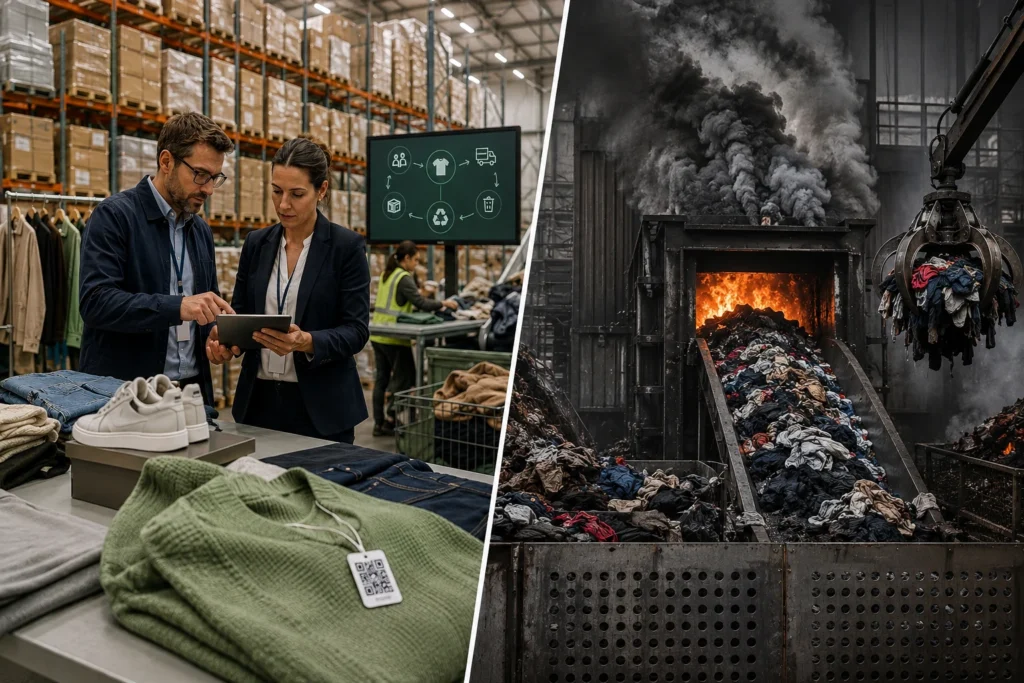 Illustration réaliste montrant des vêtements et chaussures invendus neufs suivis numériquement dans un entrepôt textile, opposés à l'incinération d'articles textiles destinés à la destruction, symbolisant les nouvelles exigences du règlement ESPR, de l'économie circulaire, de l'ISO 14001, de l'ISO 9001 et du Passeport Numérique Produit (DPP). dpp.ma by atlas nextrade dpp maroc