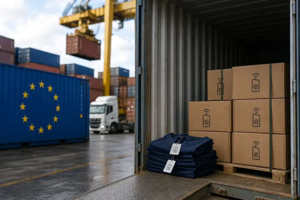 Conteneurs d'exportation en attente de mise en libre circulation à l'entrée du marché européen sous obligation DPP by atlas nextrade et dpp.ma maroc morroco