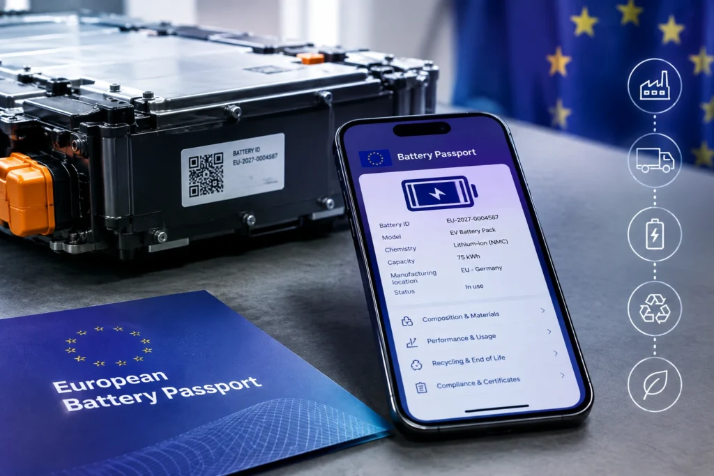 Schéma du passeport batterie européen accessible par QR code selon l'article 77 du règlement 2023/1542 by atlas nextrade dpp.ma et dpp maroc